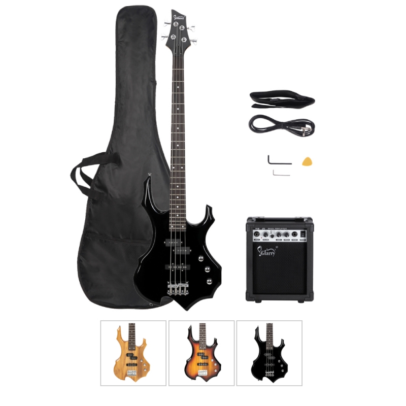 Glarry Burning Fire Electric Bass Guitar Full Size 4 String w/20W Amplifier Black Burlywood Sunset